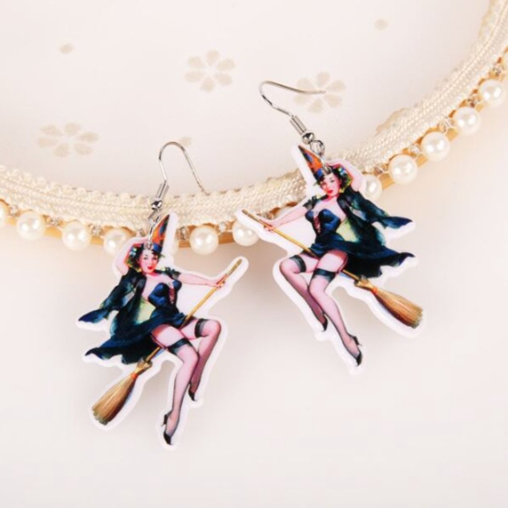 🧿 3 for $33 🧿 Retro Pinup Witch on Broom Halloween Dangle Earrings